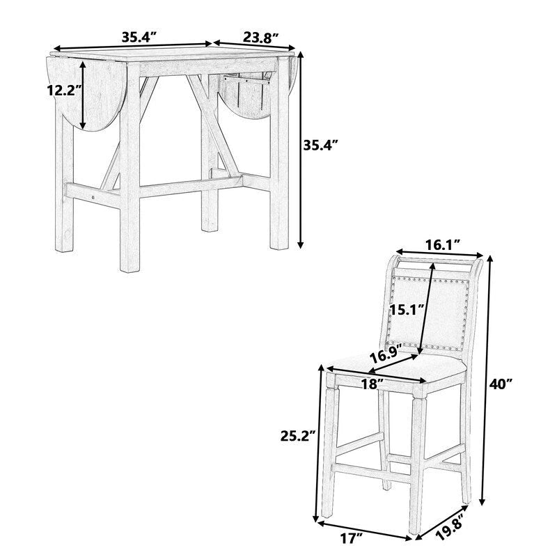 Ensemble de salle à manger 3 pièces en bois, hauteur comptoir, avec plateau rabattable et 2 chaises rembourrées pour petits espaces