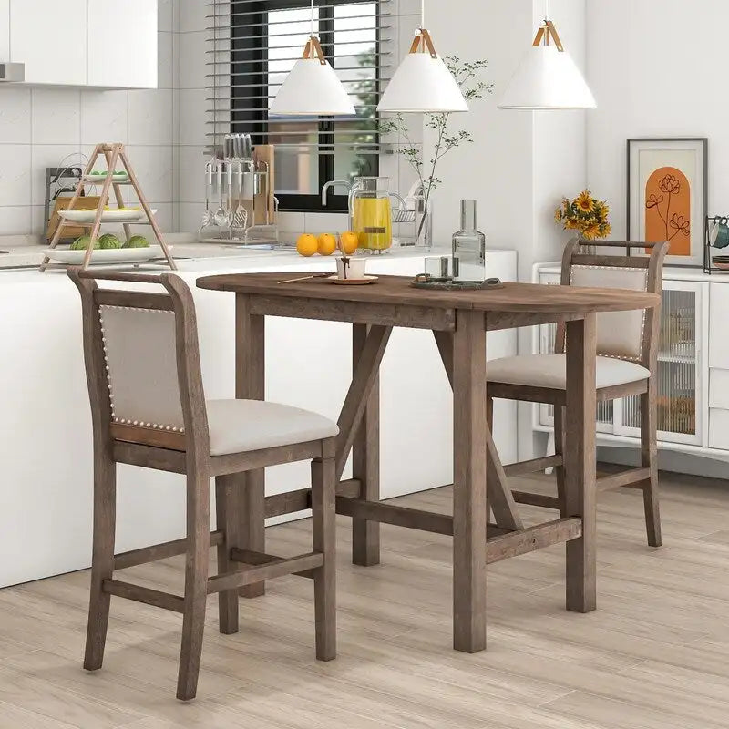 Ensemble de salle à manger 3 pièces en bois, hauteur comptoir, avec plateau rabattable et 2 chaises rembourrées pour petits espaces