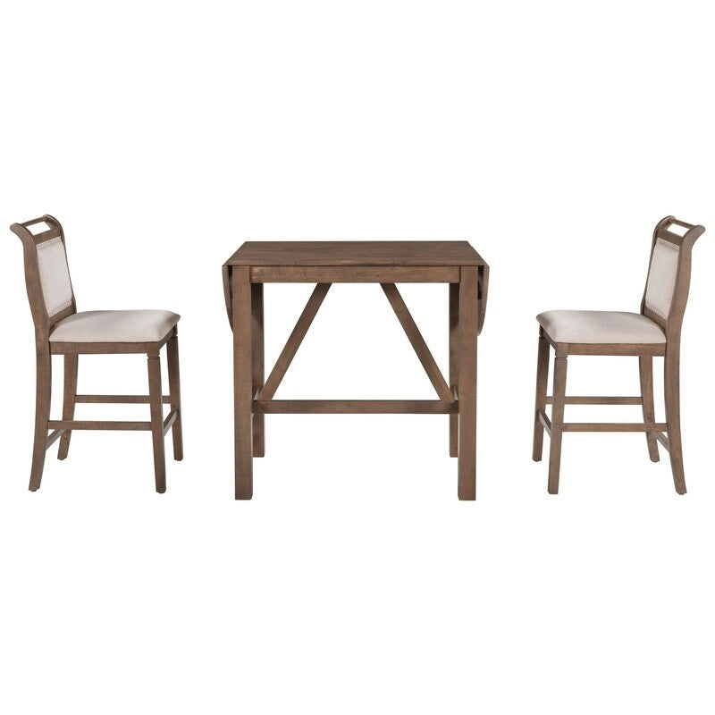 Ensemble de salle à manger 3 pièces en bois, hauteur comptoir, avec plateau rabattable et 2 chaises rembourrées pour petits espaces