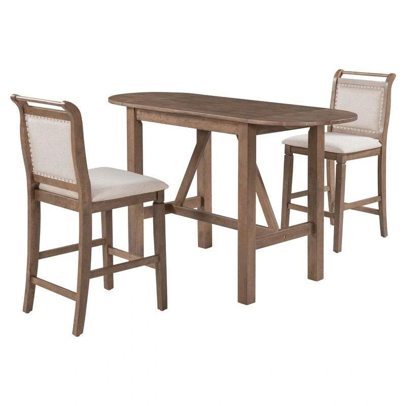 Ensemble de salle à manger 3 pièces en bois, hauteur comptoir, avec plateau rabattable et 2 chaises rembourrées pour petits espaces