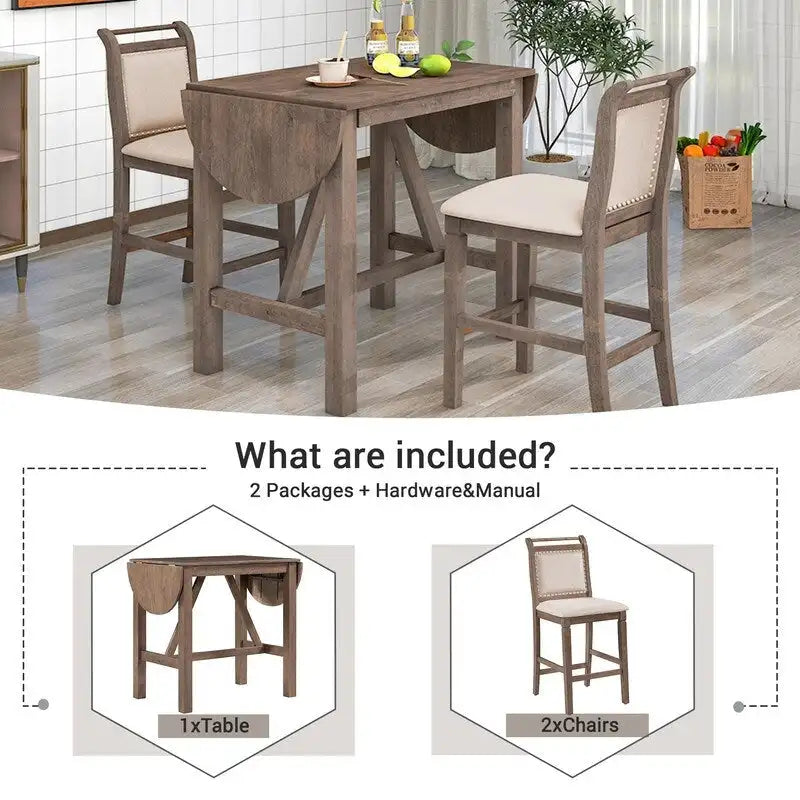 Ensemble de salle à manger 3 pièces en bois, hauteur comptoir, avec plateau rabattable et 2 chaises rembourrées pour petits espaces