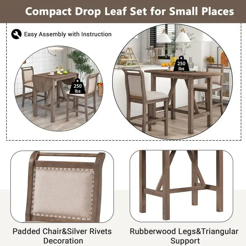 Ensemble de salle à manger 3 pièces en bois, hauteur comptoir, avec plateau rabattable et 2 chaises rembourrées pour petits espaces