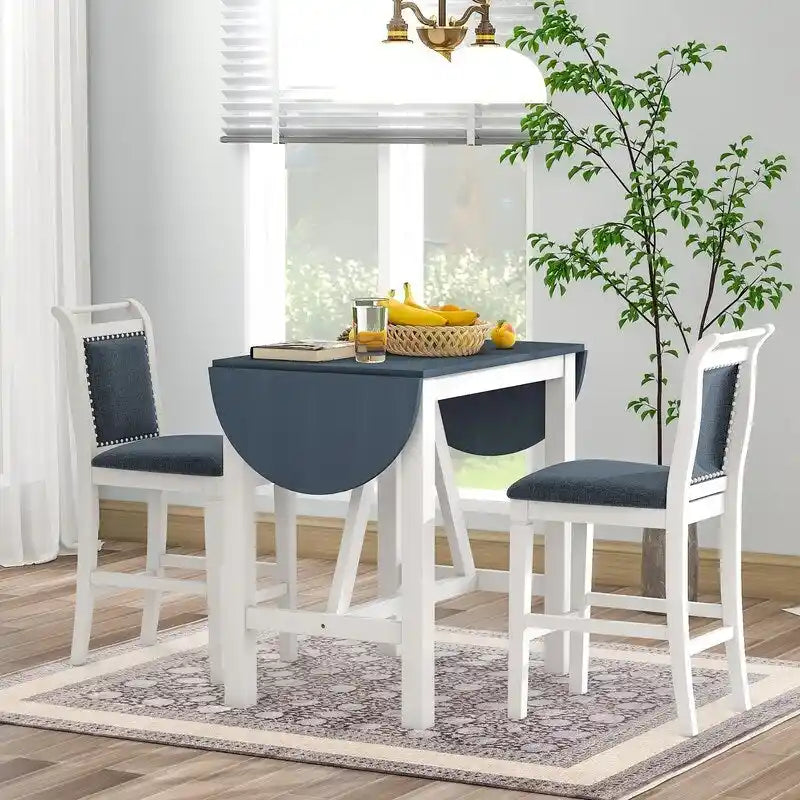 Ensemble de salle à manger 3 pièces en bois, hauteur comptoir, avec plateau rabattable et 2 chaises rembourrées pour petits espaces