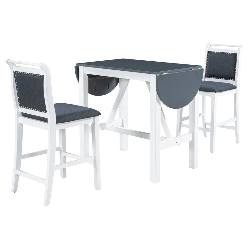 Ensemble de salle à manger 3 pièces en bois, hauteur comptoir, avec plateau rabattable et 2 chaises rembourrées pour petits espaces