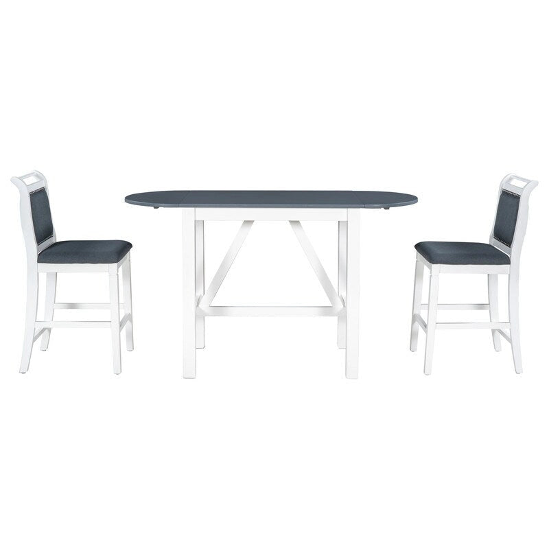 Ensemble de salle à manger 3 pièces en bois, hauteur comptoir, avec plateau rabattable et 2 chaises rembourrées pour petits espaces