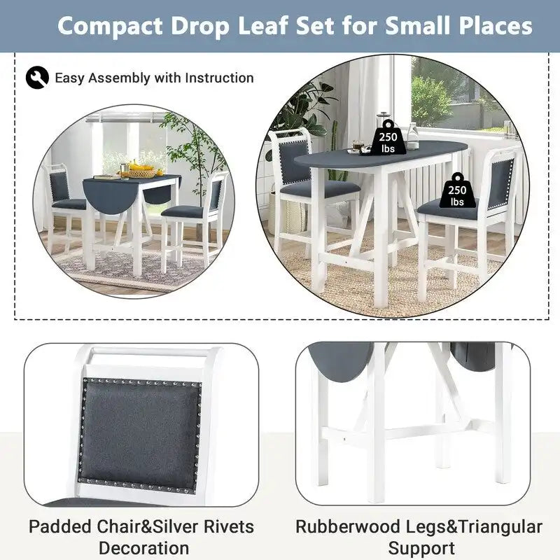 Ensemble de salle à manger 3 pièces en bois, hauteur comptoir, avec plateau rabattable et 2 chaises rembourrées pour petits espaces