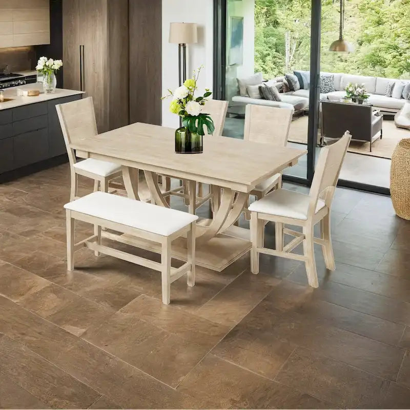 Ensemble de salle à manger 6 pièces demi-rond en bois avec longue banquette et 4 chaises de salle à manger, style moderne