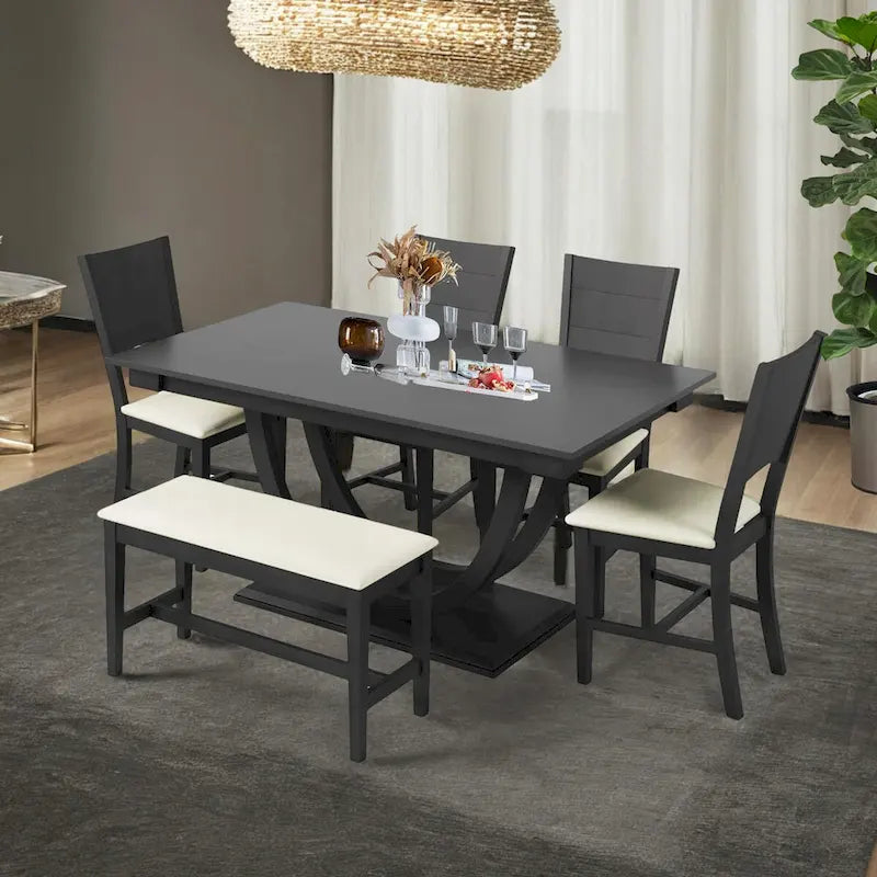 Ensemble de salle à manger 6 pièces demi-rond en bois avec longue banquette et 4 chaises de salle à manger, style moderne