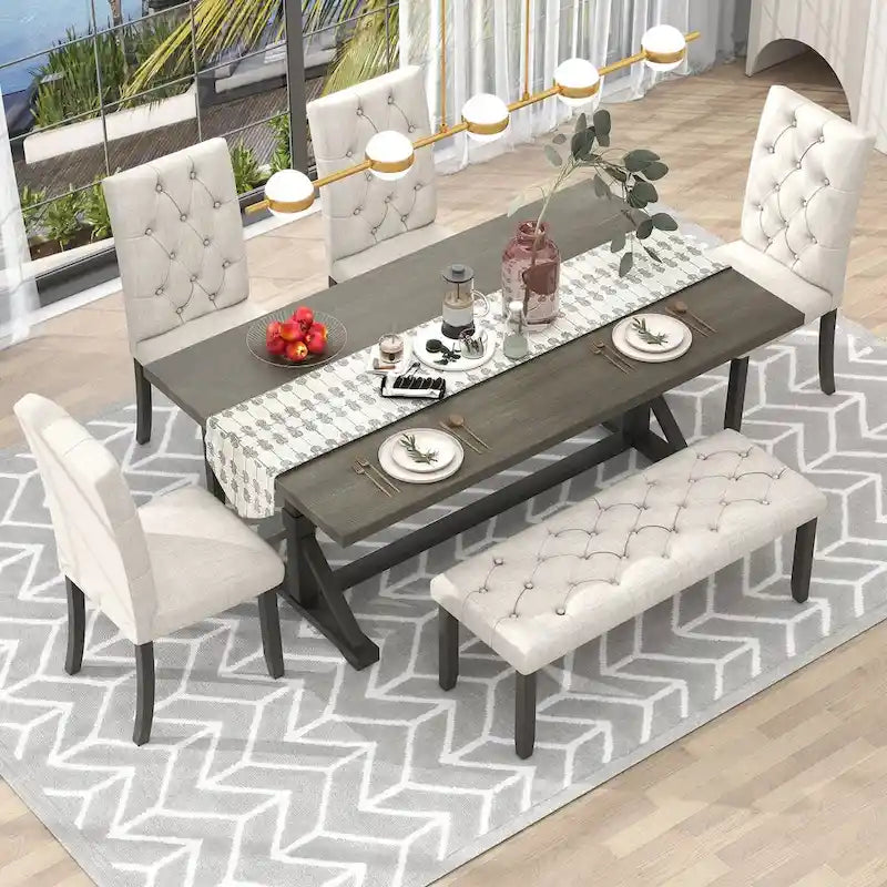 Ensemble de salle à manger 6 pièces, table rectangulaire de 72 po, 4 chaises avec banc