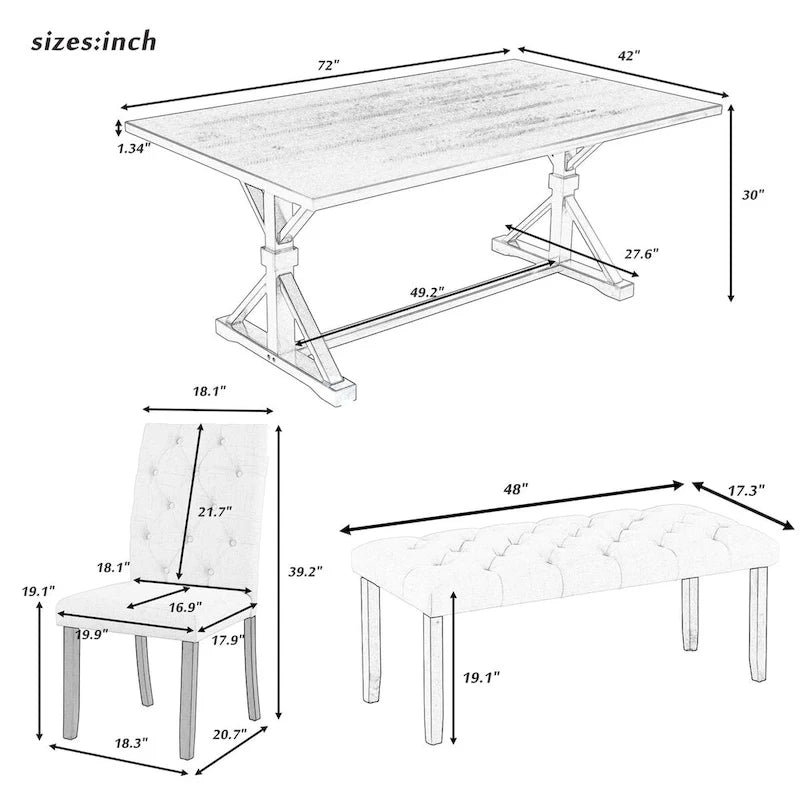 Ensemble de salle à manger 6 pièces, table rectangulaire de 72 po, 4 chaises avec banc