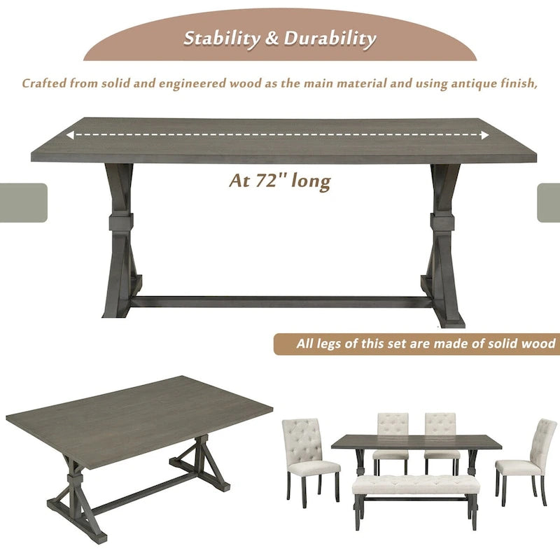 Ensemble de salle à manger 6 pièces, table rectangulaire de 72 po, 4 chaises avec banc