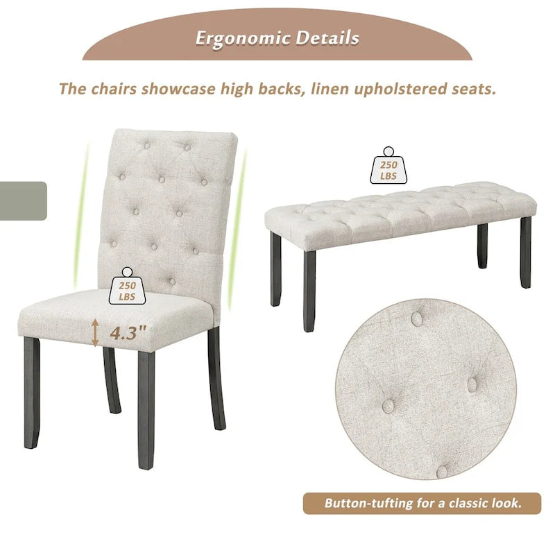 Ensemble de salle à manger 6 pièces, table rectangulaire de 72 po, 4 chaises avec banc