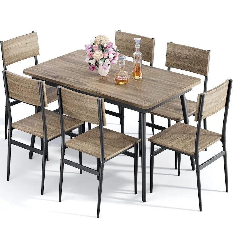Ensemble de salle à manger industriel 7 pièces pour cuisine avec 6 chaises à dossier long