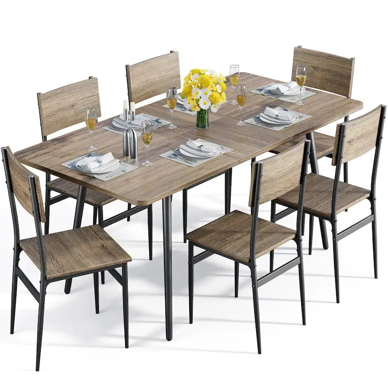 Ensemble de salle à manger industriel 7 pièces pour cuisine avec 6 chaises à dossier long