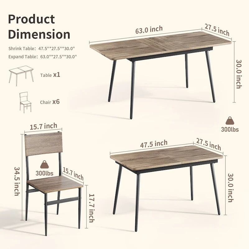 Ensemble de salle à manger industriel 7 pièces pour cuisine avec 6 chaises à dossier long