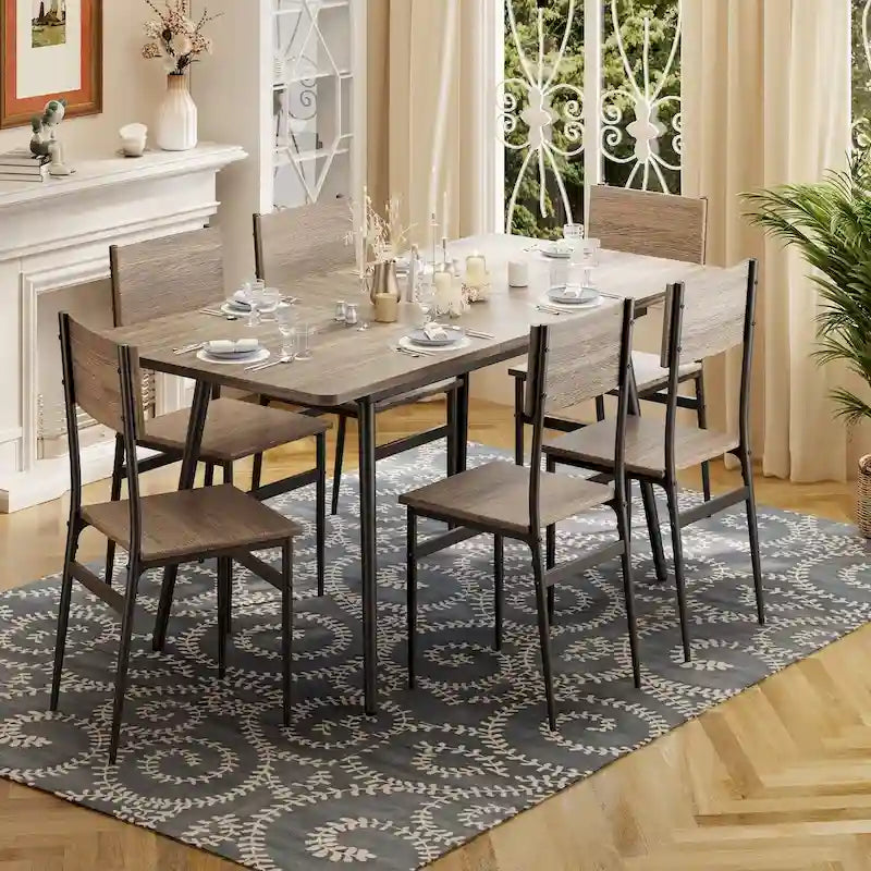 Ensemble de salle à manger industriel 7 pièces pour cuisine avec 6 chaises à dossier long