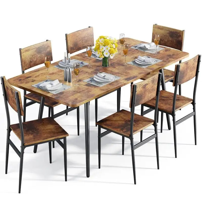 Ensemble de salle à manger industriel 7 pièces pour cuisine avec 6 chaises à dossier long