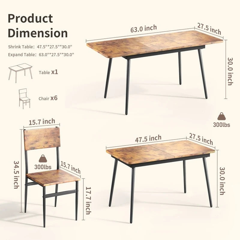 Ensemble de salle à manger industriel 7 pièces pour cuisine avec 6 chaises à dossier long