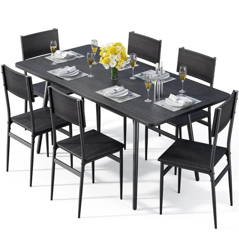 Ensemble de salle à manger industriel 7 pièces pour cuisine avec 6 chaises à dossier long