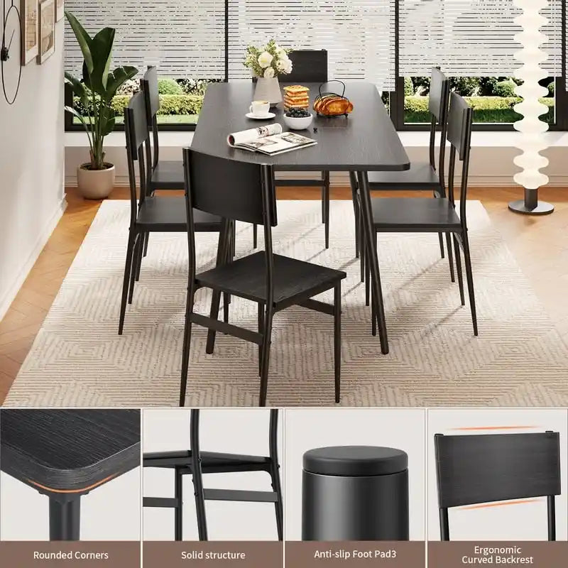 Ensemble de salle à manger industriel 7 pièces pour cuisine avec 6 chaises à dossier long
