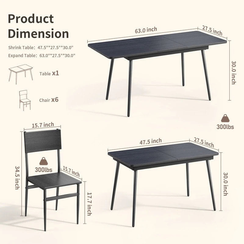 Ensemble de salle à manger industriel 7 pièces pour cuisine avec 6 chaises à dossier long
