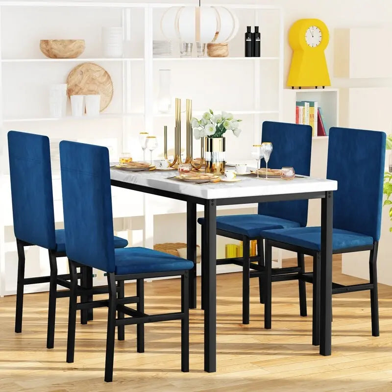 Ensemble table à manger 5 pièces pour 4 personnes, table de cuisine imitation marbre avec chaises en velours pour petits espaces, coin repas, salon