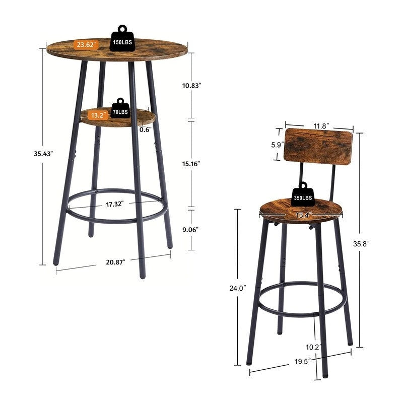 Ensemble de bar industriel 3 pièces avec 2 tabourets, petite table de bistrot ronde à hauteur de comptoir, ensemble de salle à manger pour cuisine, petits espaces
