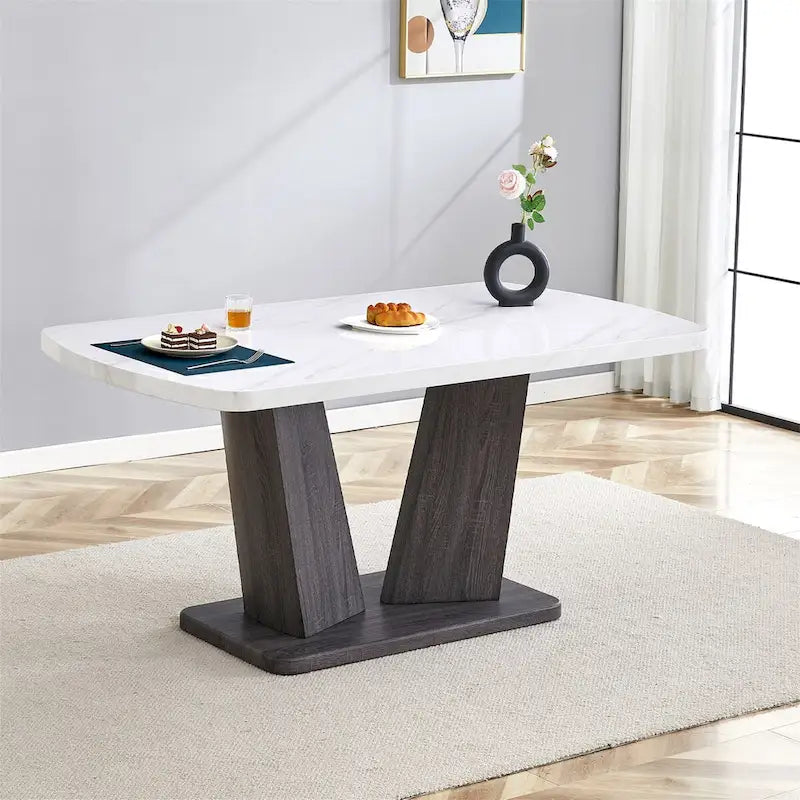 Merax Modern Dining Table with V-Shape MDF Base/ Linen Tufted Dining Room Chairs Set of 6