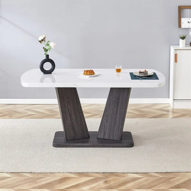 Table de salle à manger moderne Merax avec base en MDF en forme de V / Ensemble de 6 chaises de salle à manger capitonnées en lin