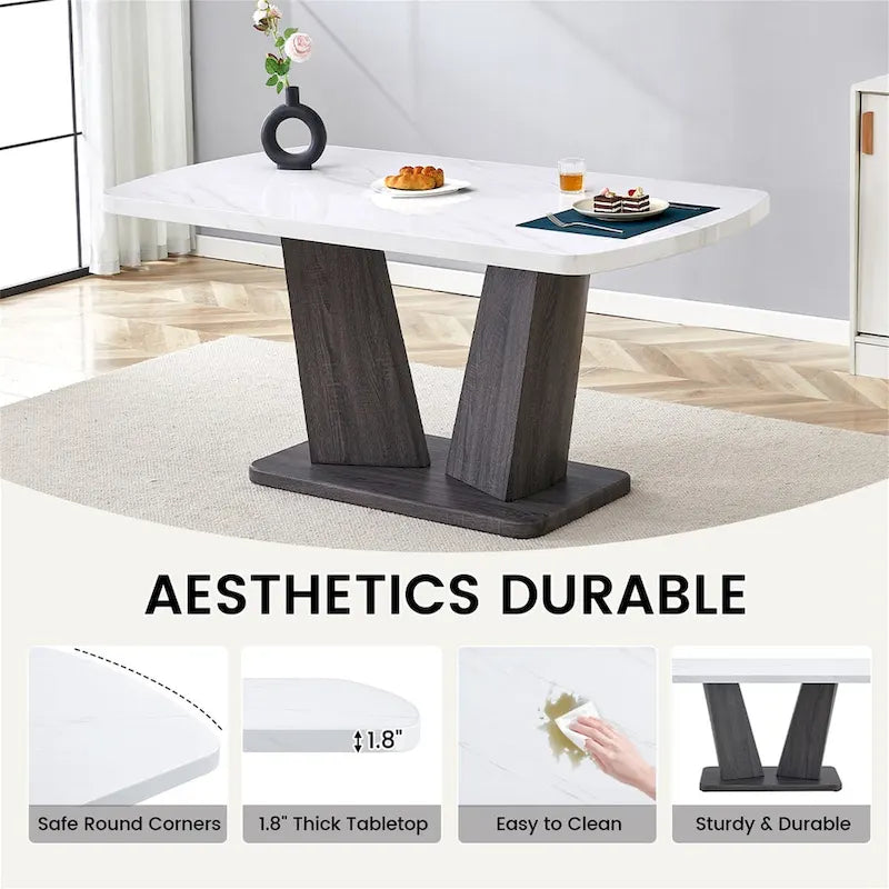 Table de salle à manger moderne Merax avec base en MDF en forme de V / Ensemble de 6 chaises de salle à manger capitonnées en lin