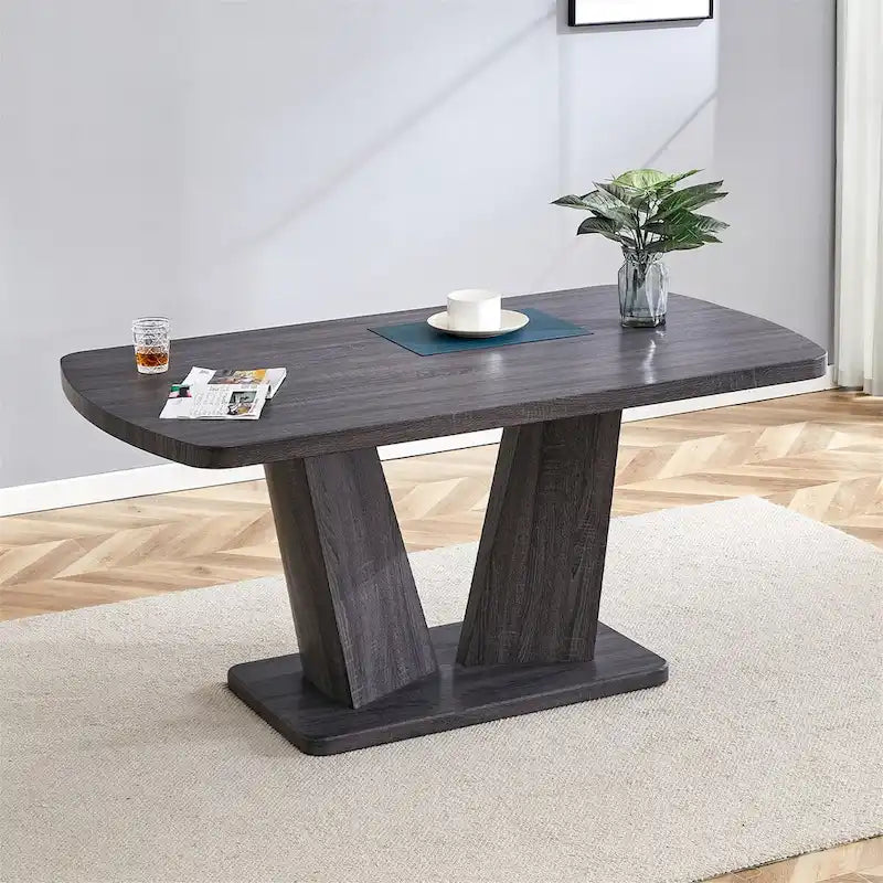 Table de salle à manger moderne Merax avec base en MDF en forme de V / Ensemble de 6 chaises de salle à manger capitonnées en lin