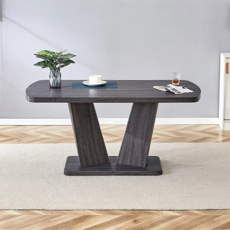 Table de salle à manger moderne Merax avec base en MDF en forme de V / Ensemble de 6 chaises de salle à manger capitonnées en lin