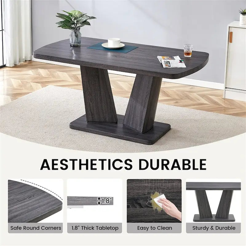 Table de salle à manger moderne Merax avec base en MDF en forme de V / Ensemble de 6 chaises de salle à manger capitonnées en lin