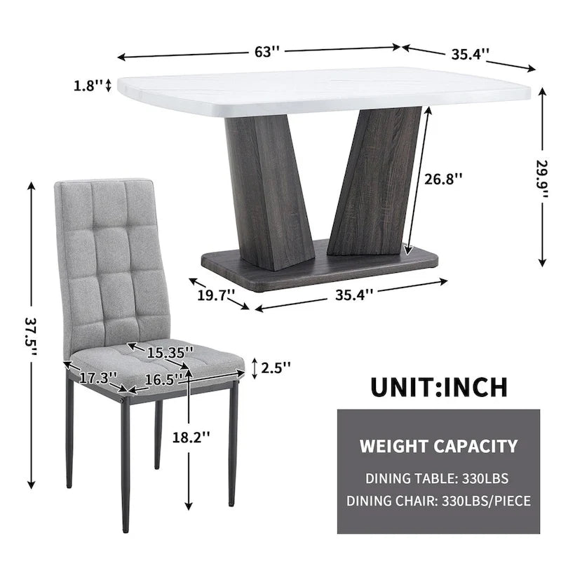 Table de salle à manger moderne Merax avec base en MDF en forme de V / Ensemble de 6 chaises de salle à manger capitonnées en lin