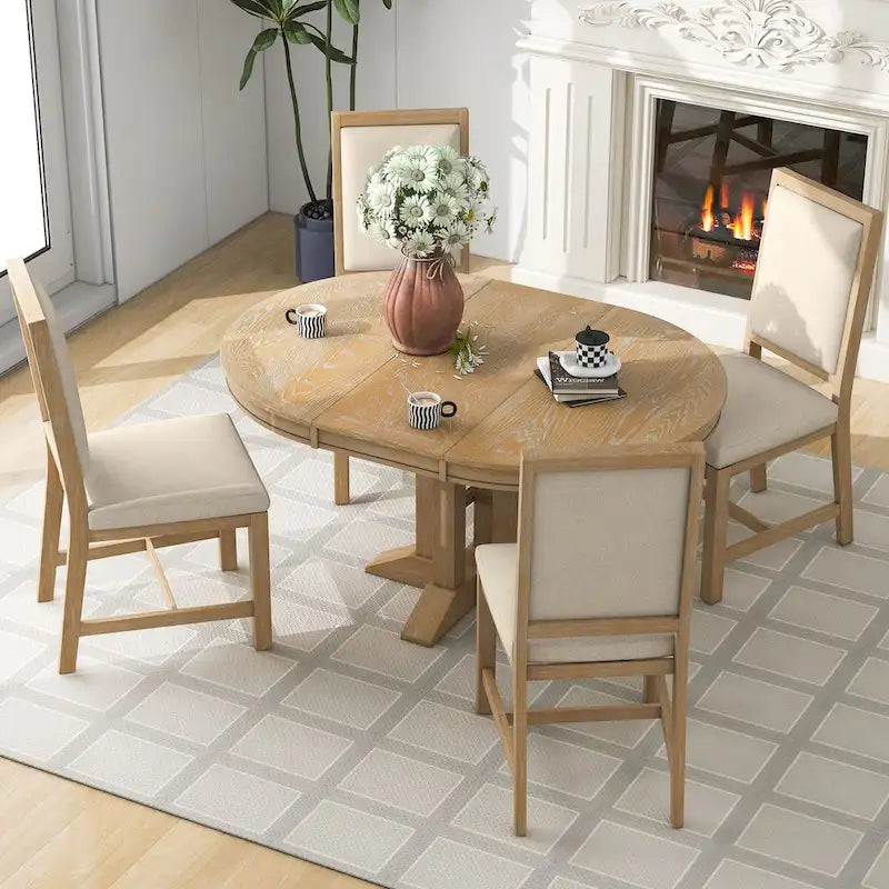Ensemble de salle à manger 5 pièces, table ronde extensible et 4 chaises rembourrées, style ferme, pour cuisine, salle à manger (noir)