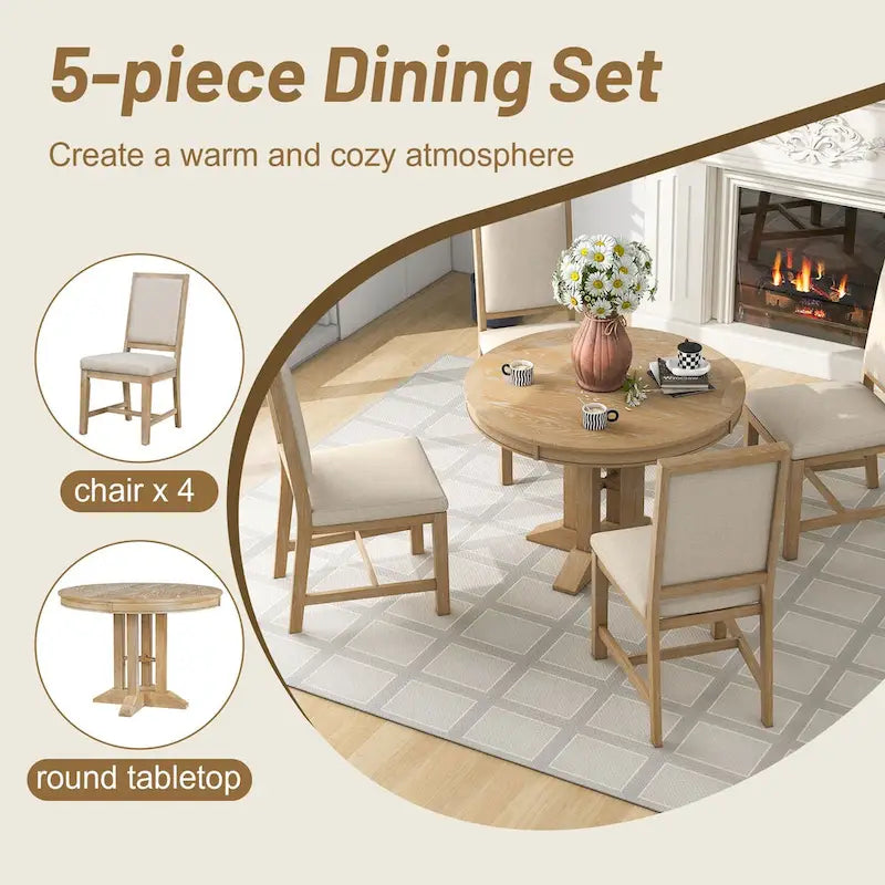 Ensemble de salle à manger 5 pièces, table ronde extensible et 4 chaises rembourrées, style ferme, pour cuisine, salle à manger (noir)