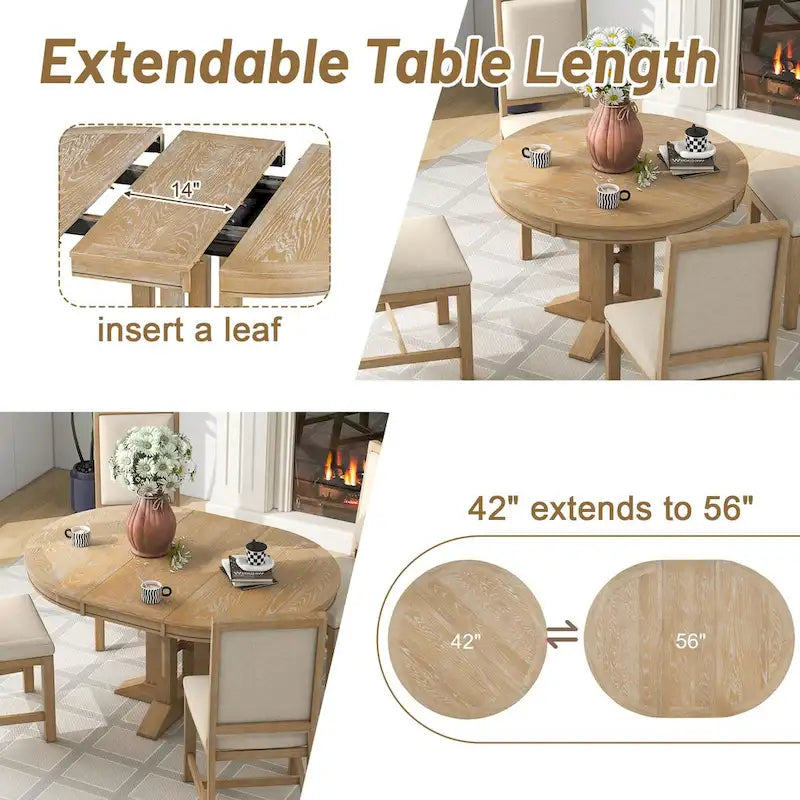Ensemble de salle à manger 5 pièces, table ronde extensible et 4 chaises rembourrées, style ferme, pour cuisine, salle à manger (noir)