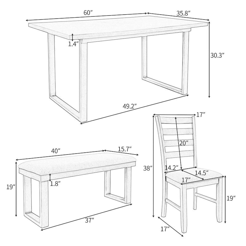 Ensemble de salle à manger 6 pièces avec table, 4 chaises et un banc