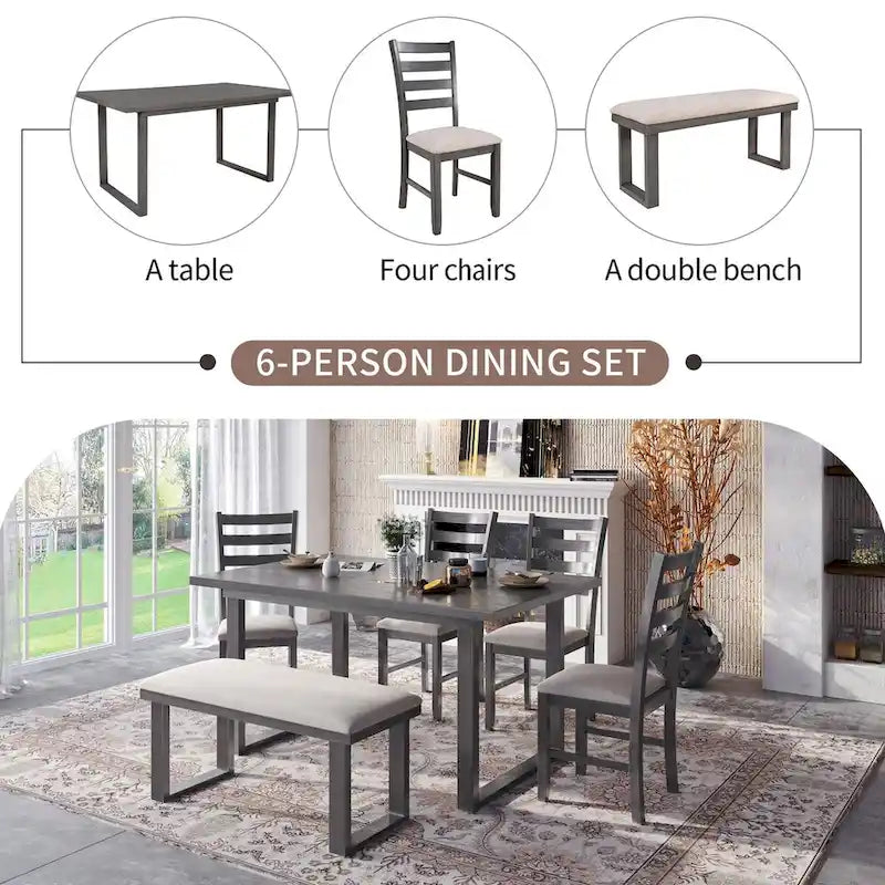 Ensemble de salle à manger 6 pièces avec table, 4 chaises et un banc