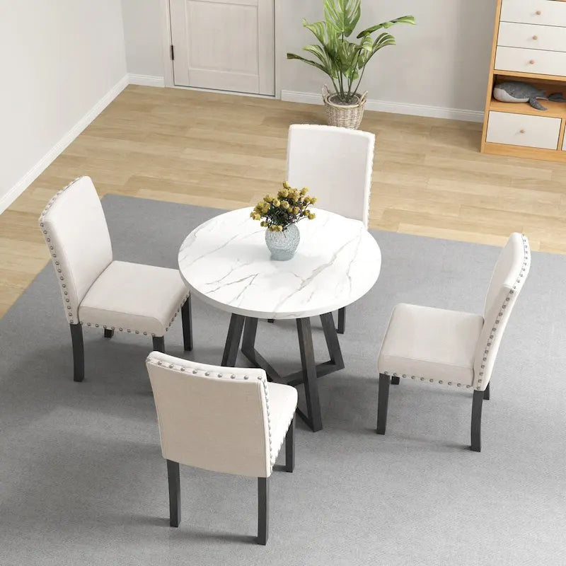 Ensemble de salle à manger cinq pièces avec plateau de table en faux marbre, en bois massif, meubles combinés de cuisine et salle à manger, peu encombrants