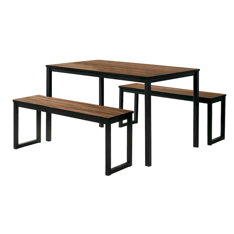 Ensemble table à manger 3 pièces, 2 bancs, plateau grain de bois marron, métal noir
