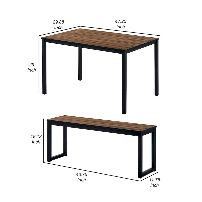 Ensemble table à manger 3 pièces, 2 bancs, plateau grain de bois marron, métal noir