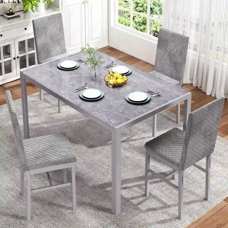 Ensemble de salle à manger 5 pièces Grondin Modern Style avec table en verre trempé et 4 chaises de salle à manger en cuir PU à surpiqûres losanges