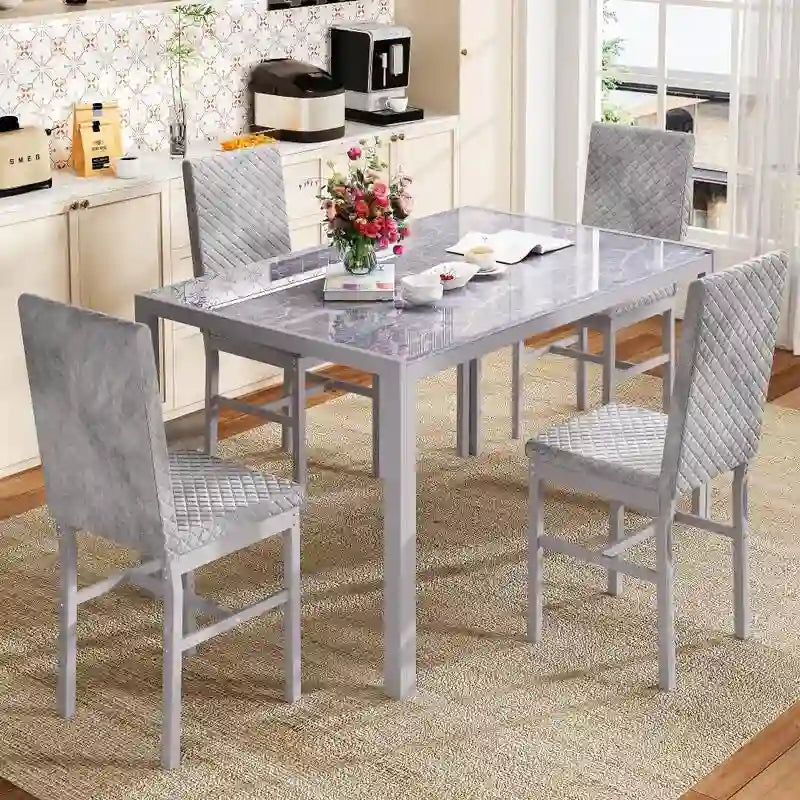 Ensemble de salle à manger 5 pièces Grondin Modern Style avec table en verre trempé et 4 chaises de salle à manger en cuir PU à surpiqûres losanges