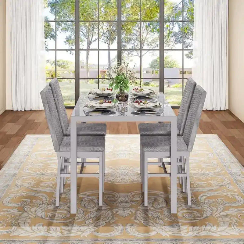 Ensemble de salle à manger 5 pièces Grondin Modern Style avec table en verre trempé et 4 chaises de salle à manger en cuir PU à surpiqûres losanges