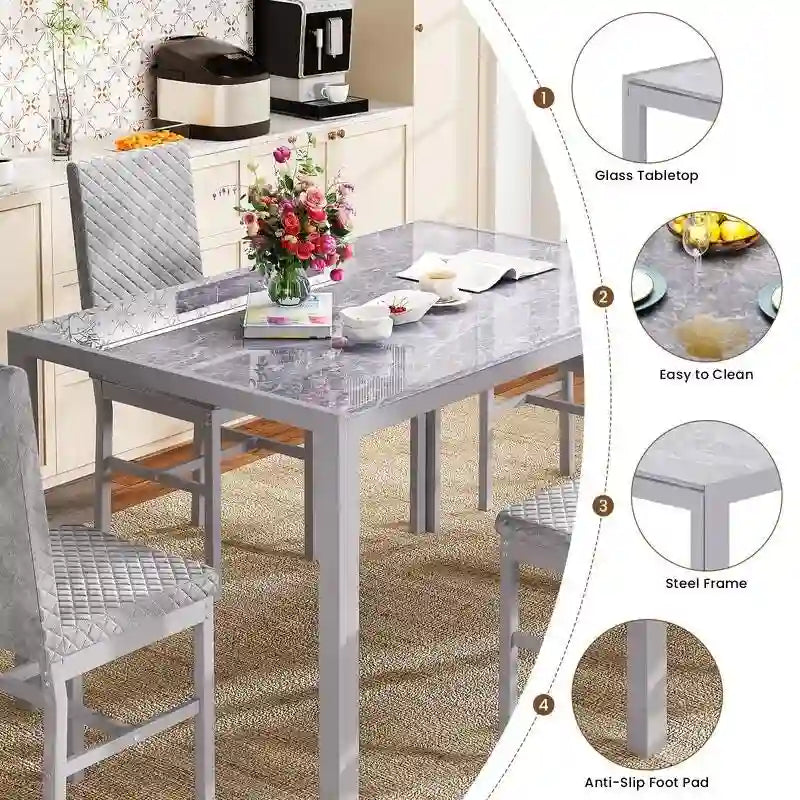 Ensemble de salle à manger 5 pièces Grondin Modern Style avec table en verre trempé et 4 chaises de salle à manger en cuir PU à surpiqûres losanges
