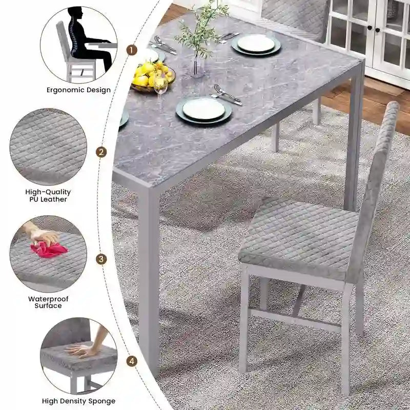 Ensemble de salle à manger 5 pièces Grondin Modern Style avec table en verre trempé et 4 chaises de salle à manger en cuir PU à surpiqûres losanges