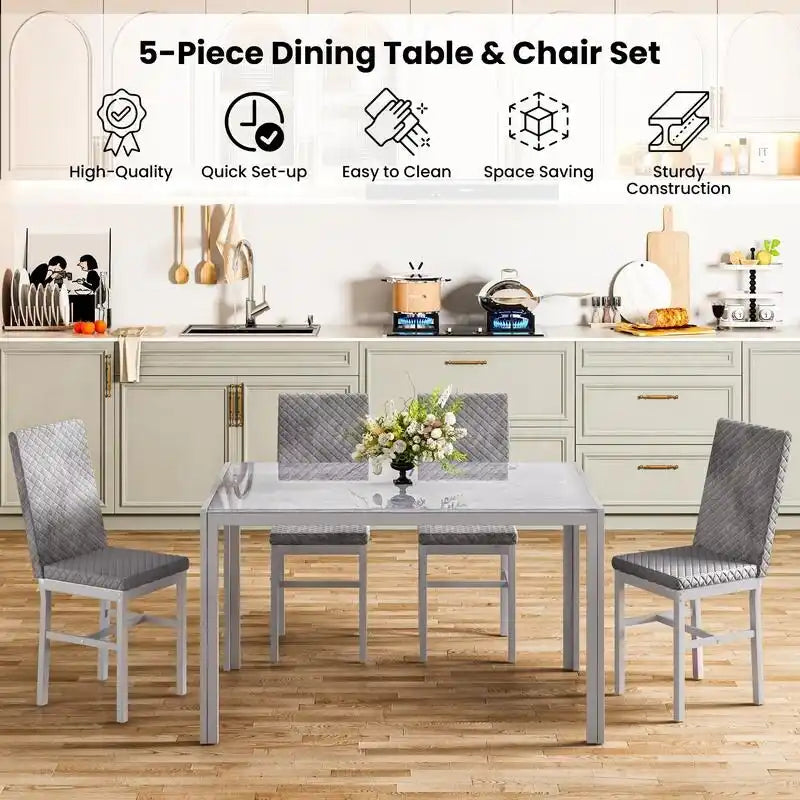 Ensemble de salle à manger 5 pièces Grondin Modern Style avec table en verre trempé et 4 chaises de salle à manger en cuir PU à surpiqûres losanges