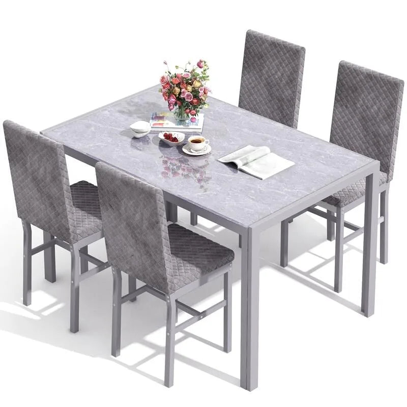 Ensemble de salle à manger 5 pièces Grondin Modern Style avec table en verre trempé et 4 chaises de salle à manger en cuir PU à surpiqûres losanges