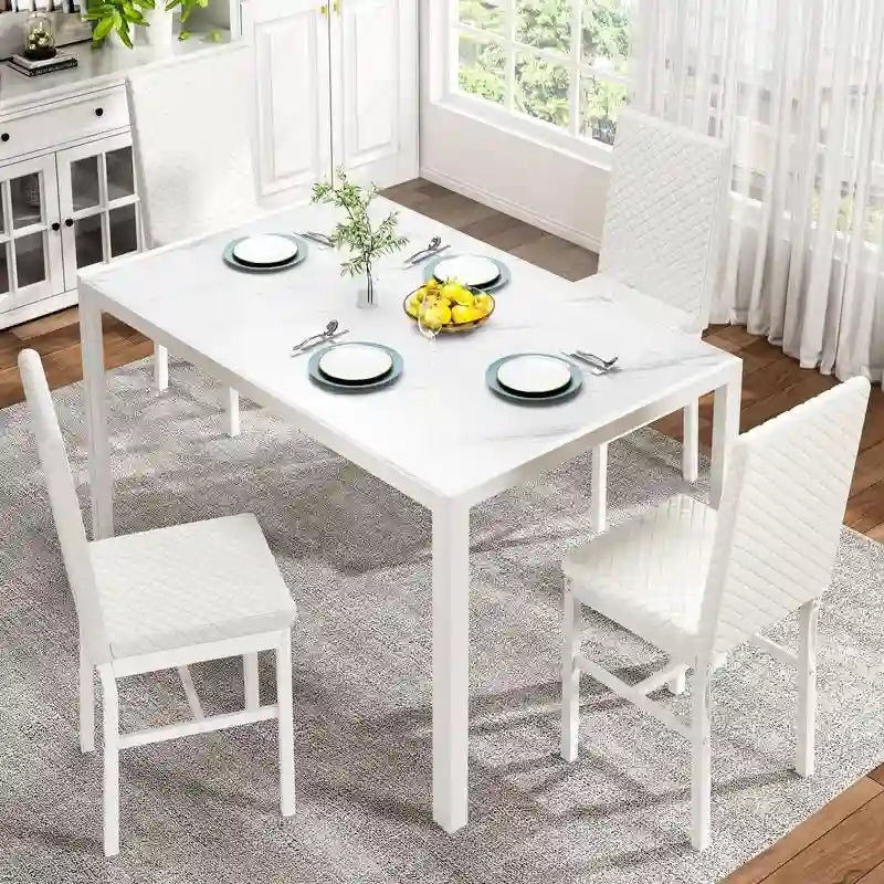Ensemble de salle à manger 5 pièces Grondin Modern Style avec table en verre trempé et 4 chaises de salle à manger en cuir PU à surpiqûres losanges